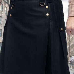 Scottish Men Highlander Kilt Black Men Cotton kilt With 6 pockets NEW